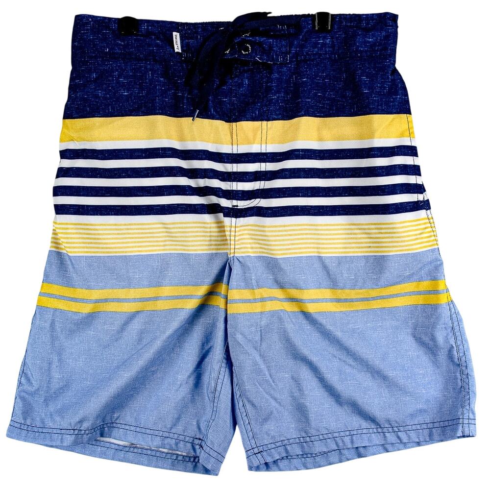 Le Tigre Men’s Medium Vintage Board Shorts Blue Yellow Striped Swim Trunks